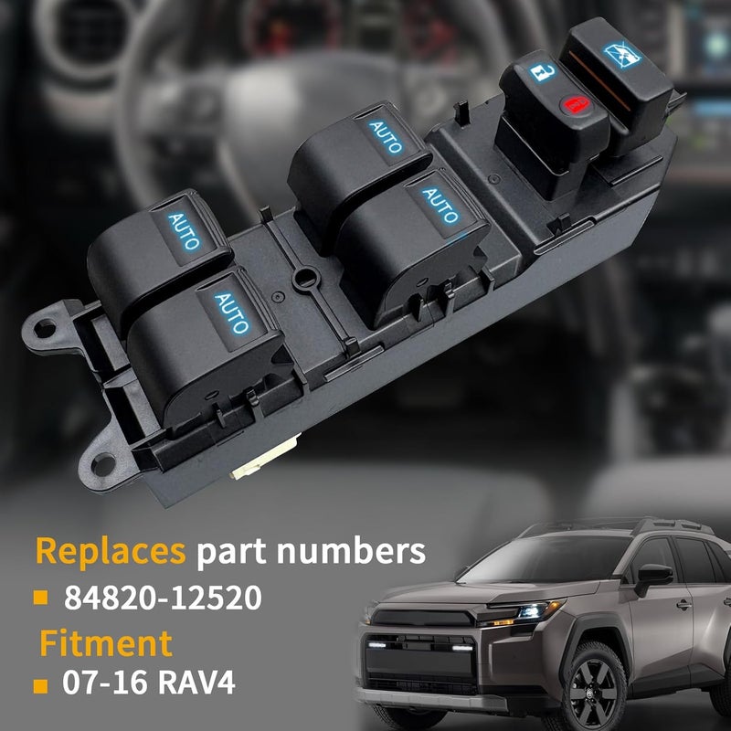 BELGEMAY Power Window Switch with Auto-Up/Down & Ice Blue Backlight - Compatible with 2007-2012 Toyota RAV4 (OE# 84820-12520) Plug & Play, Includes Pry Tool - Image 2